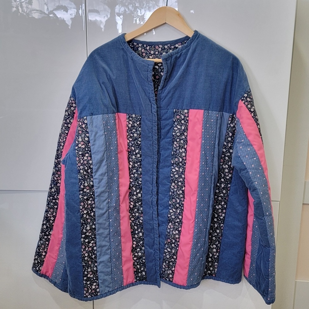VTG Handmade Reversible Quilted Jacket Patchwork Corduroy Floral Blue Pink XXL - Picture 4 of 17